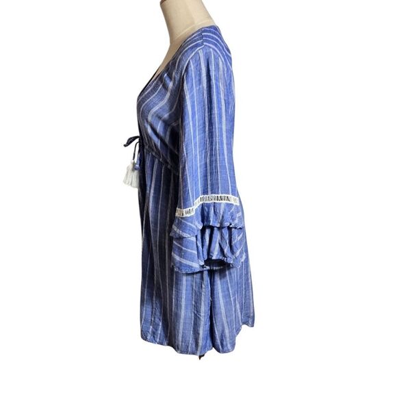 Spiaggia Dolce Blue Striped Boho Dress Or Coverup with Tassels - Picture 5 of 7